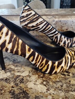 Michael Kors Zebra-Print Pointed Stiletto Heels in Black and Brown 8 Calf Hair